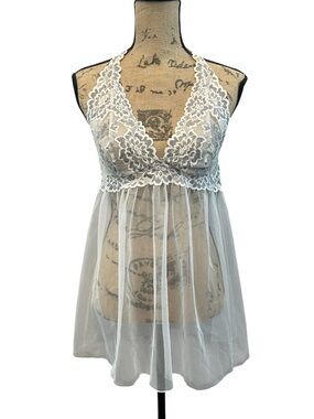 VICTORIA’S SECRET White Lace Semi Sheer Babydoll Teddy Lingerie Bride Large NWOT